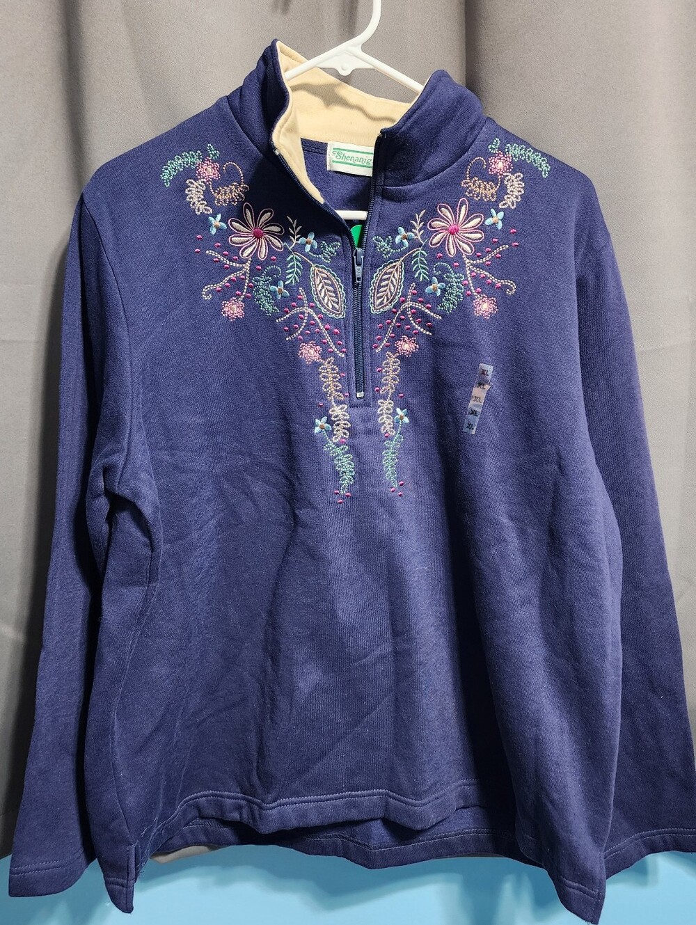 VTG 90s Shenanigans Floral Embroidered Quarter Zip Fleece Pullover NWT XL Cottag